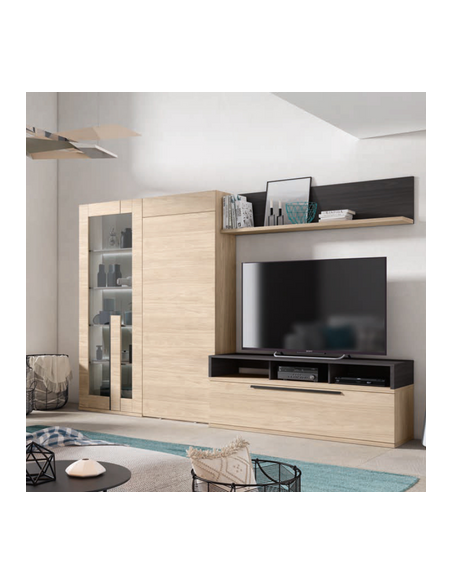 Composición de muebles de salón con vitrina y panel TV alistonado - Antaix